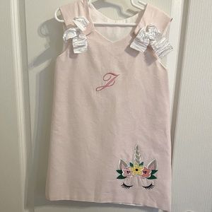 Monogram "J" Personalized Handmade Unicorn Peach Polka dot Unicorn Dress, 3T-4T